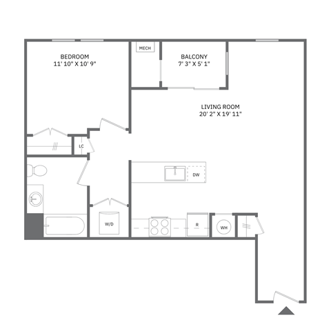Floor plan for 1 bed, 1 bath, 783 sqft
